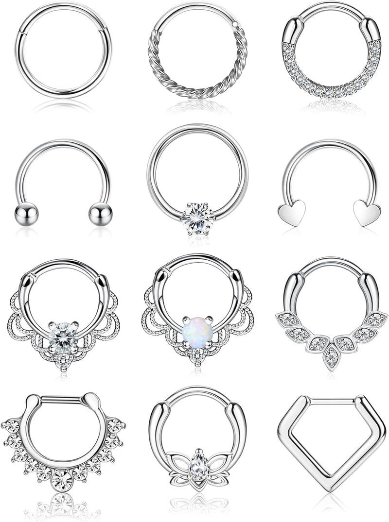 Yadoca 12pcs 16G Septum Rings for Women Men Hypoallergenic Surgical Steel Nose Piercings Jewelry Clicker Hinged Tragus Hoop Earrings CZ Love Nose Ring 8-10mm - Image 1